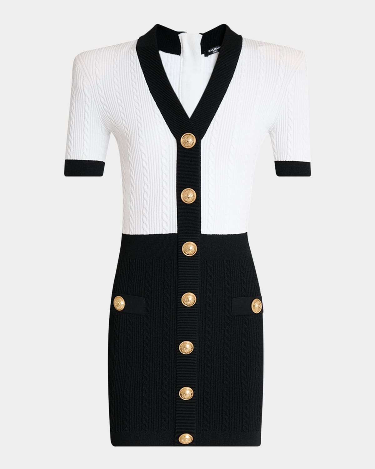 V-Neck Buttoned Strong-Shoulder Torsade Knit Mini Dress