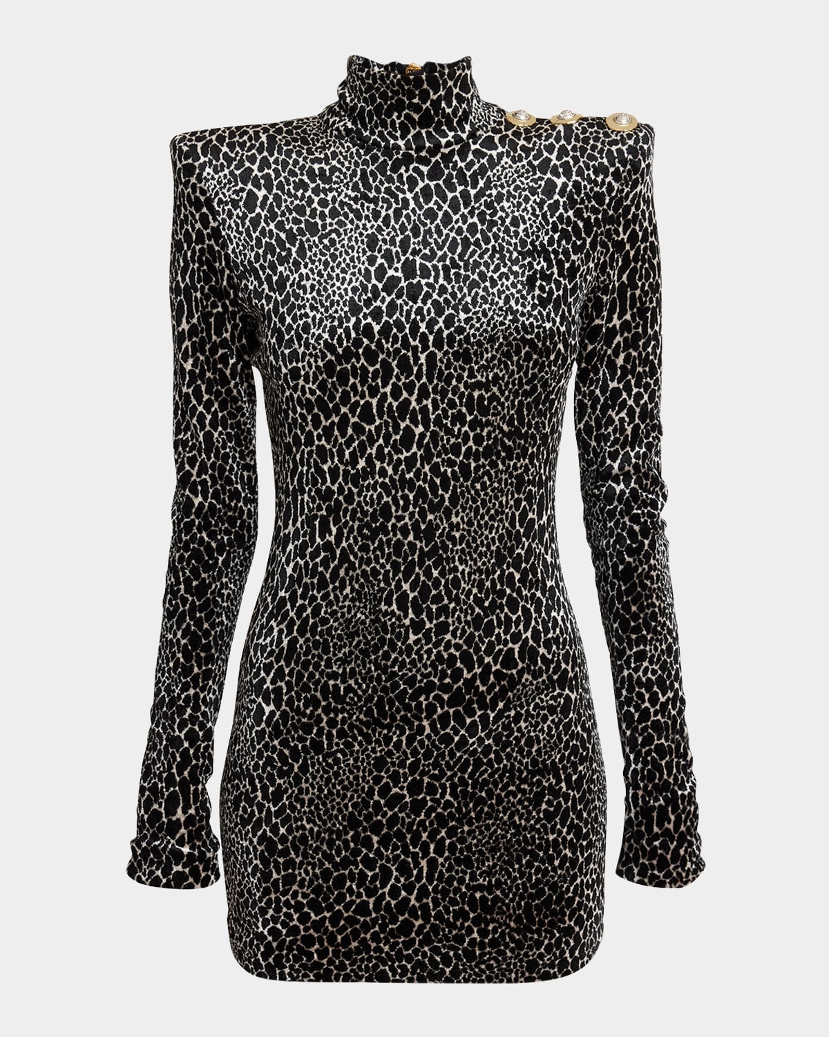 Balmain Leopard Velvet Button Strong-shoulder Mini Dress In Multi