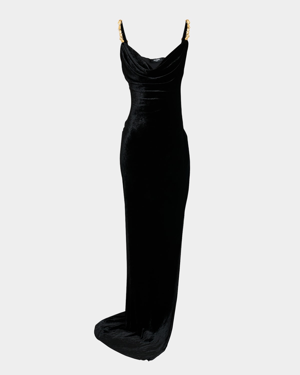 Balmain Button Cowl-neck Velvet Slit Maxi Dress
