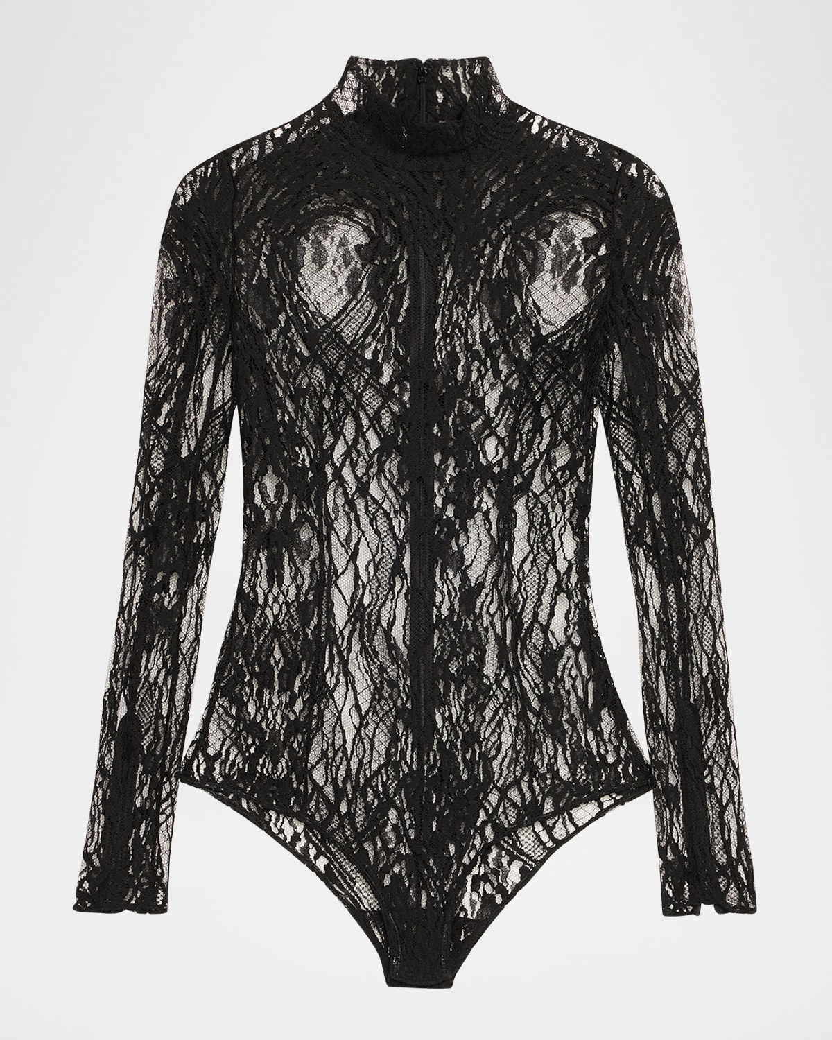 Balmain Turtleneck Lace Long-sleeve Bodysuit In Black