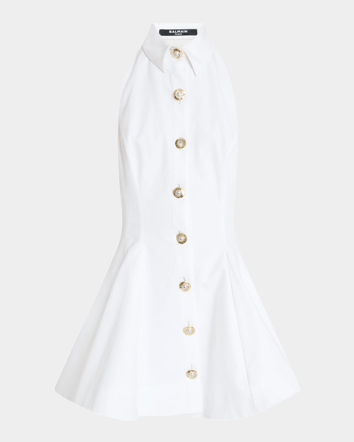 Balmain Flared Cotton-poplin Halter-neck Mini Shirt Dress In White