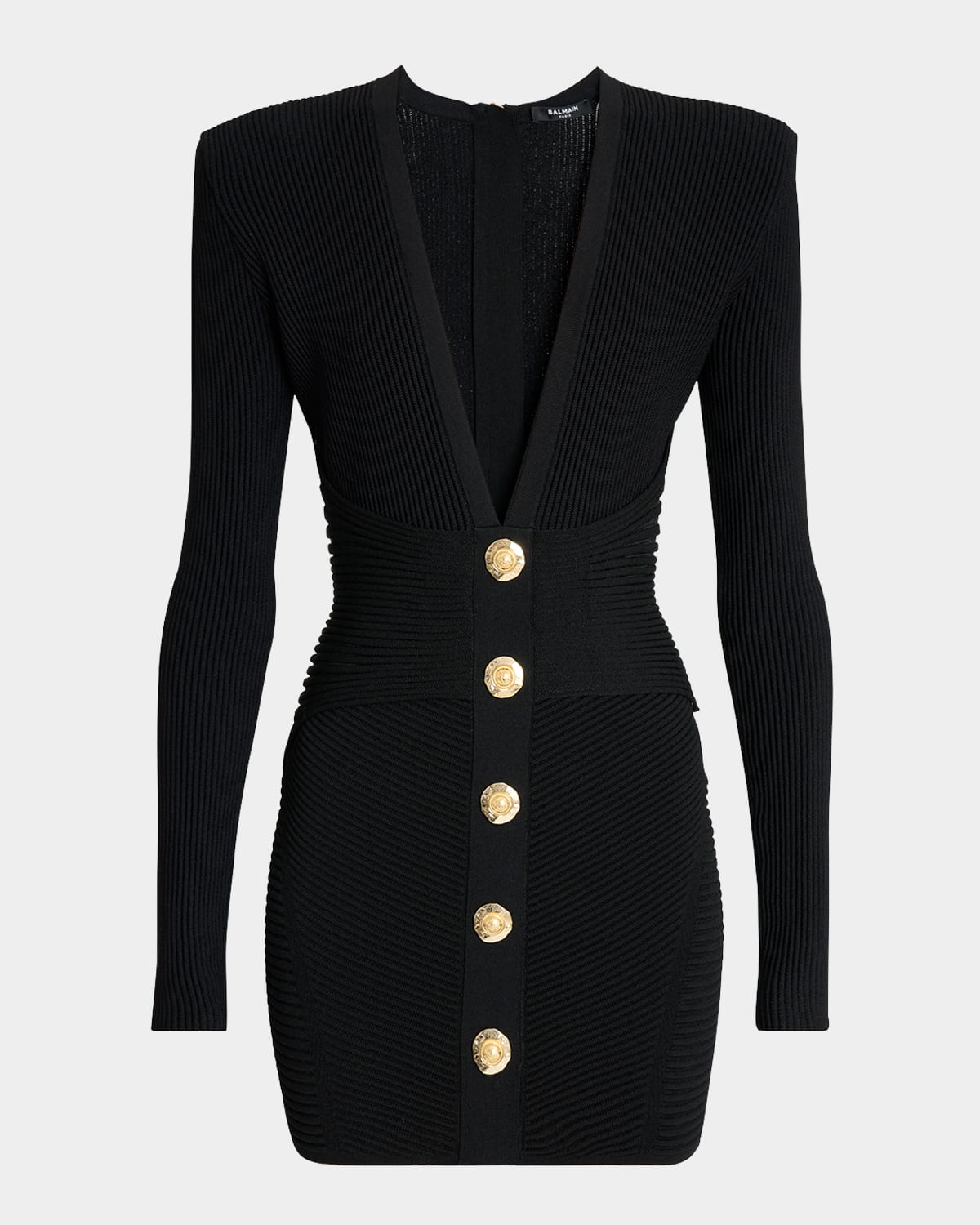 Balmain Buttoned Plunging Rib Knit Mini Dress