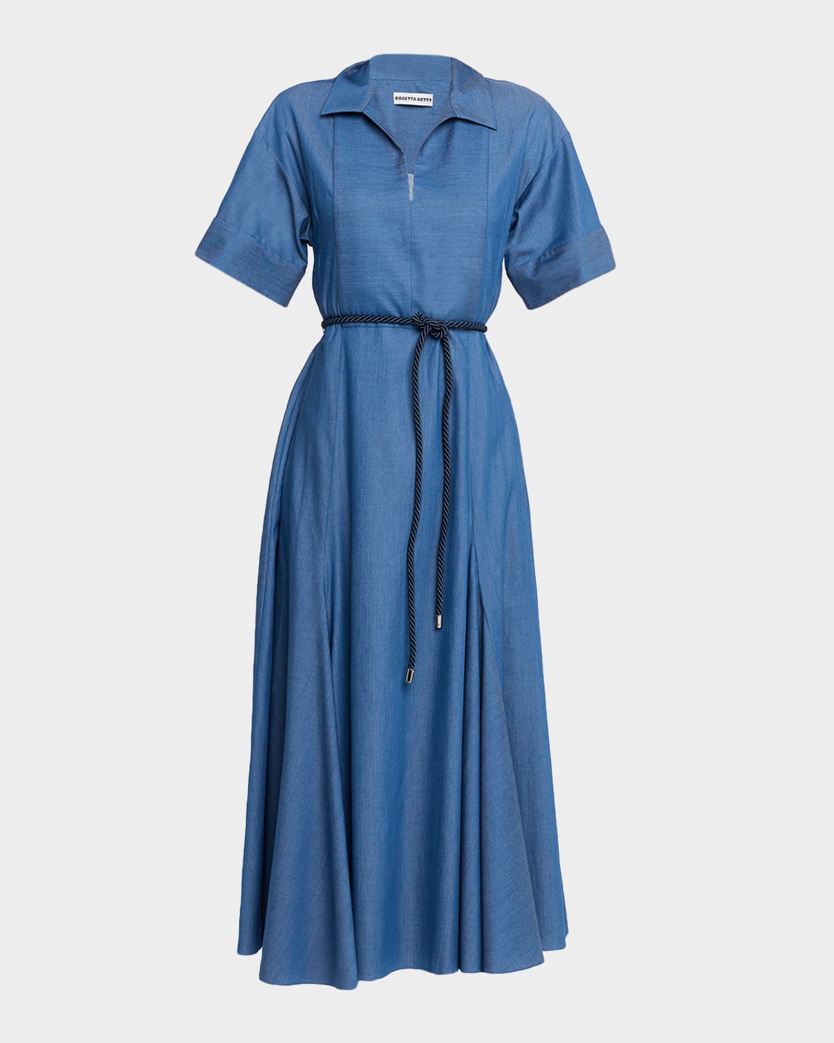 Rosetta Getty Slit-collar Belted Midi Caftan Dress In Blue