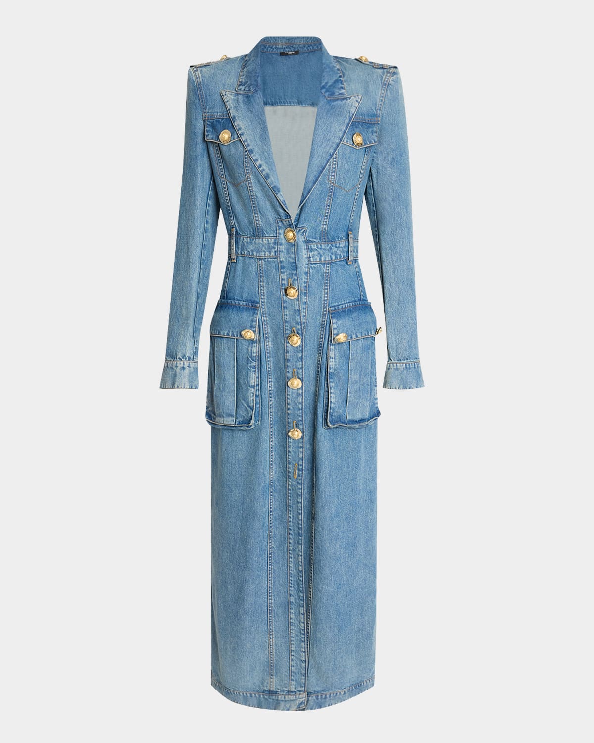 Balmain Belted Pocket Detail V-neck Denim Midi Dress