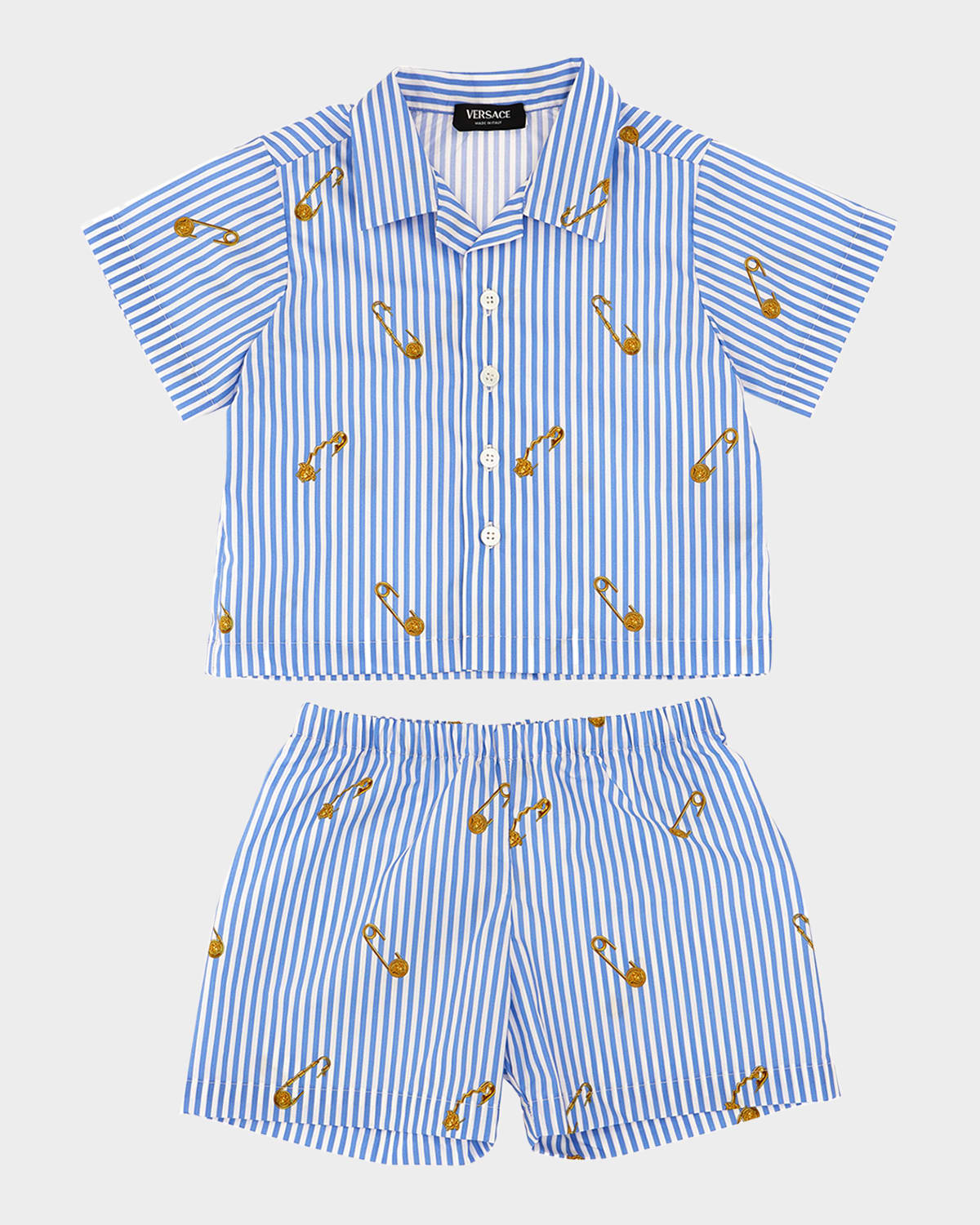 Versace Boy's Striped Medusa Pin Poplin Top & Bottom Set In Blue