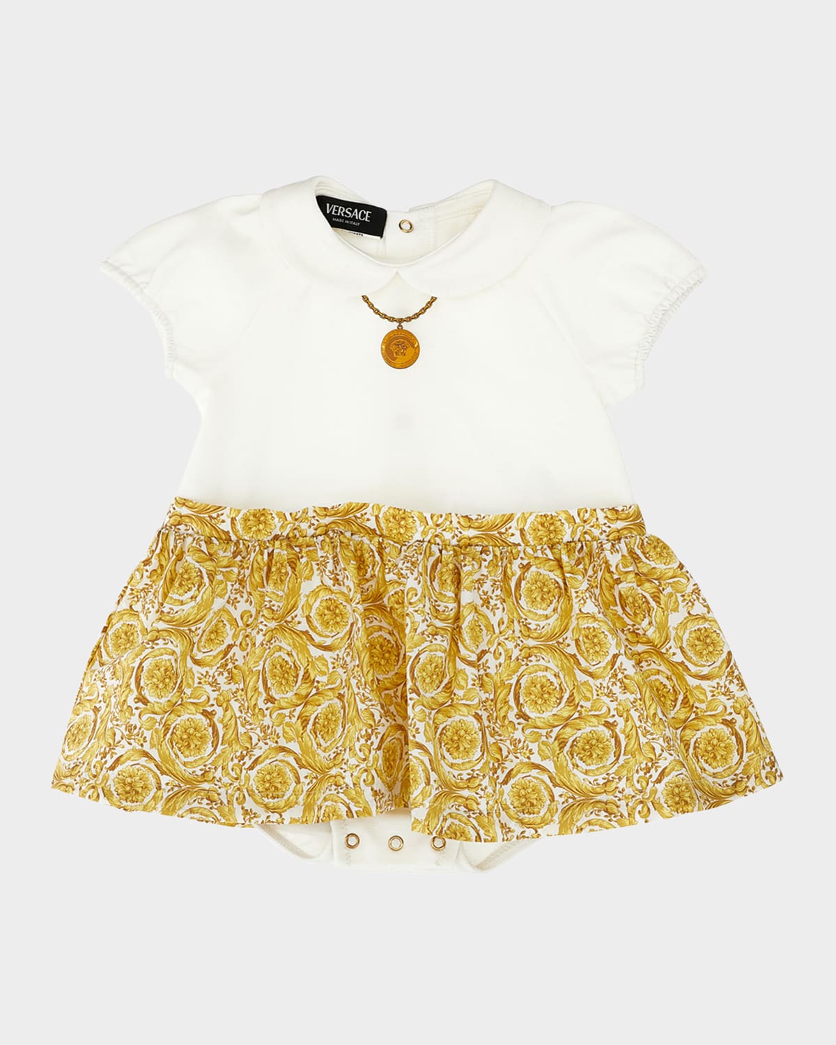 Versace Girl's Medusa Necklace Print Barocco Romper In White