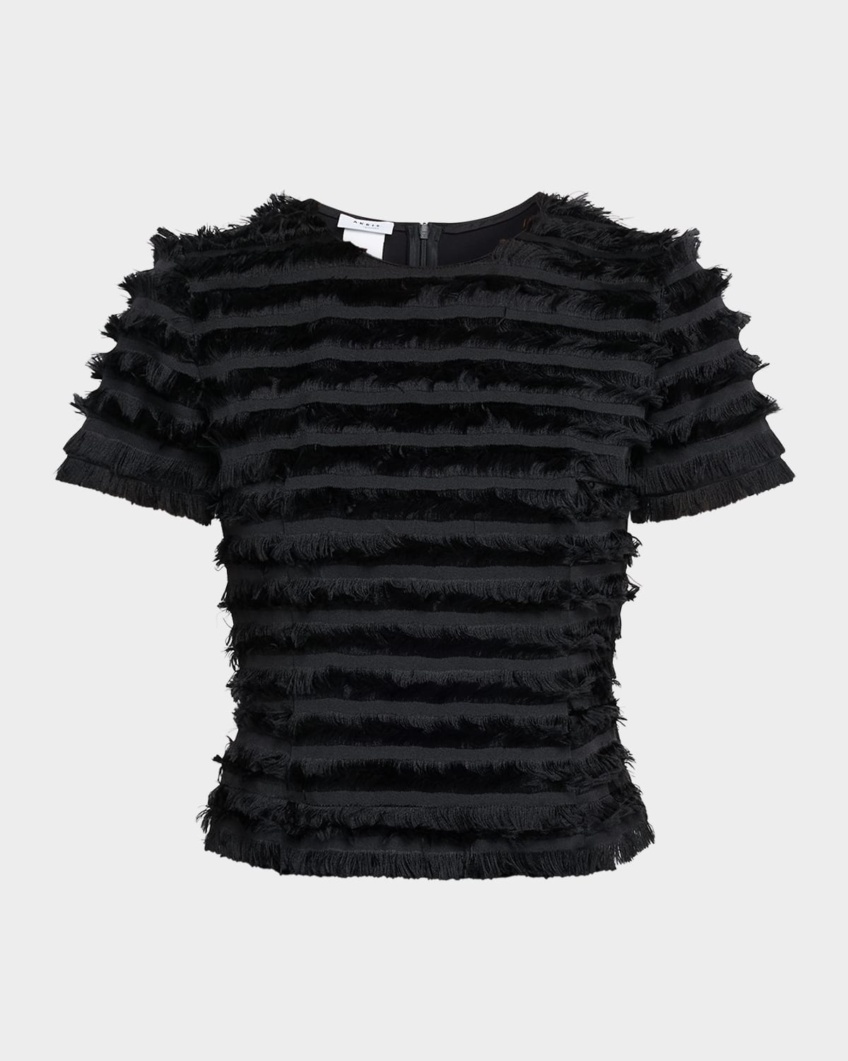 Akris Punto Striped Fringe Short-sleeve Fitted Top In Black