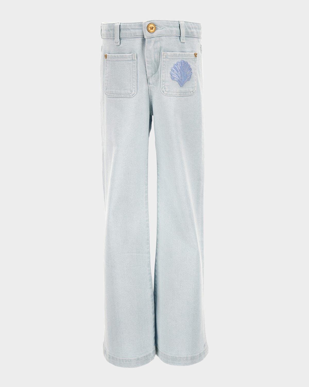 Versace Girl's De La Mer Shell Embroidered Denim Pants In Gray