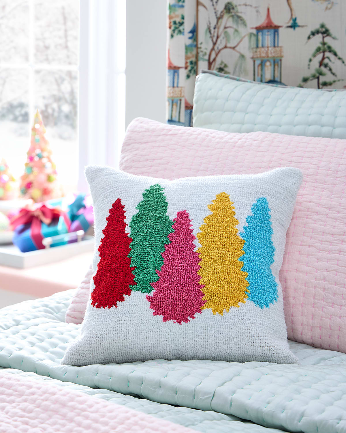 C & F Colorful Christmas Trees Hooked Pillow, 18"