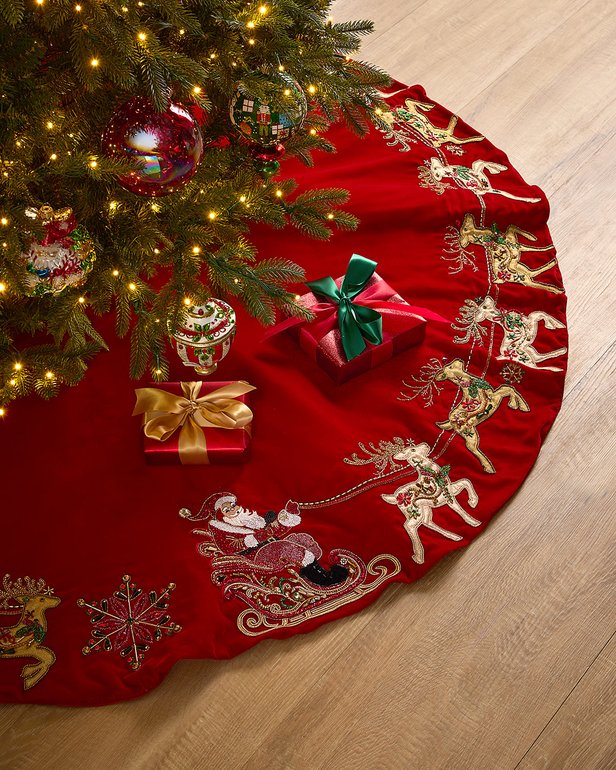 Neiman Marcus 54" Classic Christmas Santa And Reindeer Tree Skirt In Red