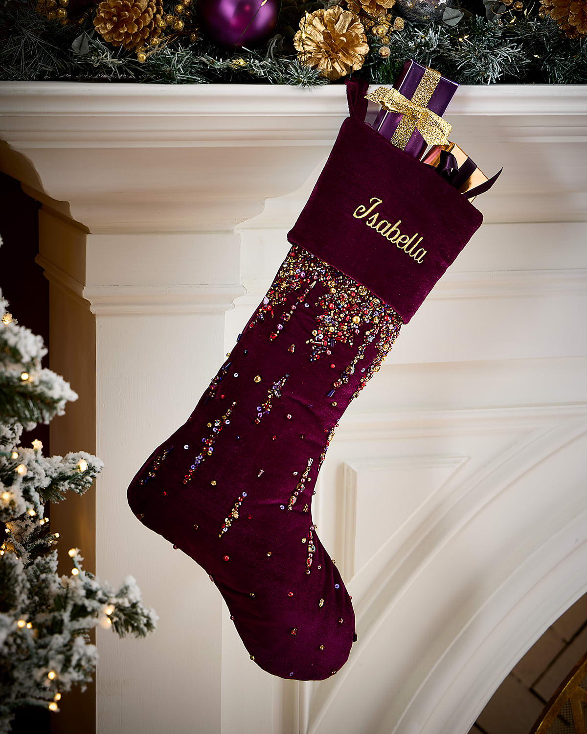 Neiman Marcus Plum Christmas Beaded Stocking, Personalized In Burgundy