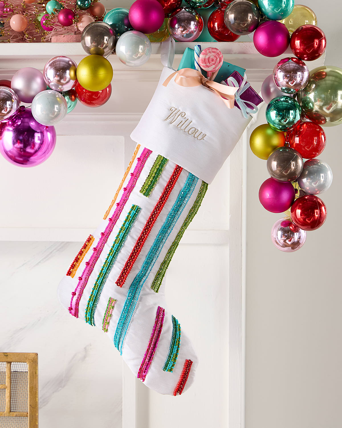 Neiman Marcus Bright Holiday Beaded Stripes Christmas Stocking, Personalized In Multi