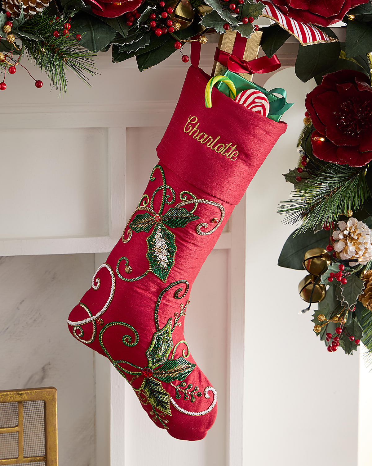 Neiman Marcus Beaded Holly Leaves Classic Christmas Stocking, Personalized In Red