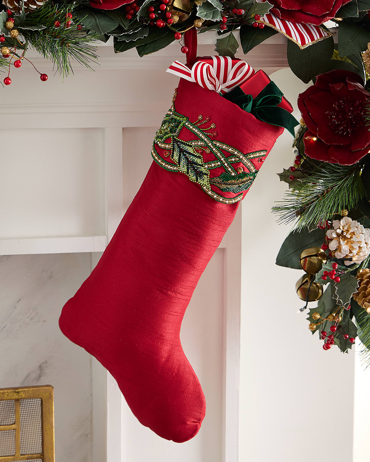Neiman Marcus Beaded Holly Leaves Classic Christmas Stocking In Red