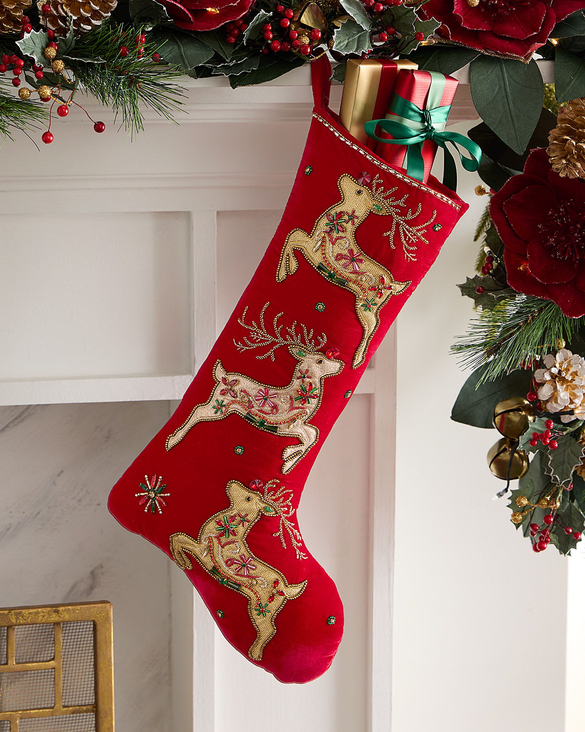 Neiman Marcus Beaded Reindeer Classic Christmas Stocking In Red