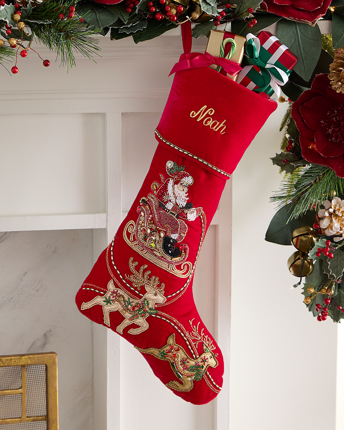 Neiman Marcus Beaded Santa And Reindeer Classic Christmas Stocking, Personalized In Red