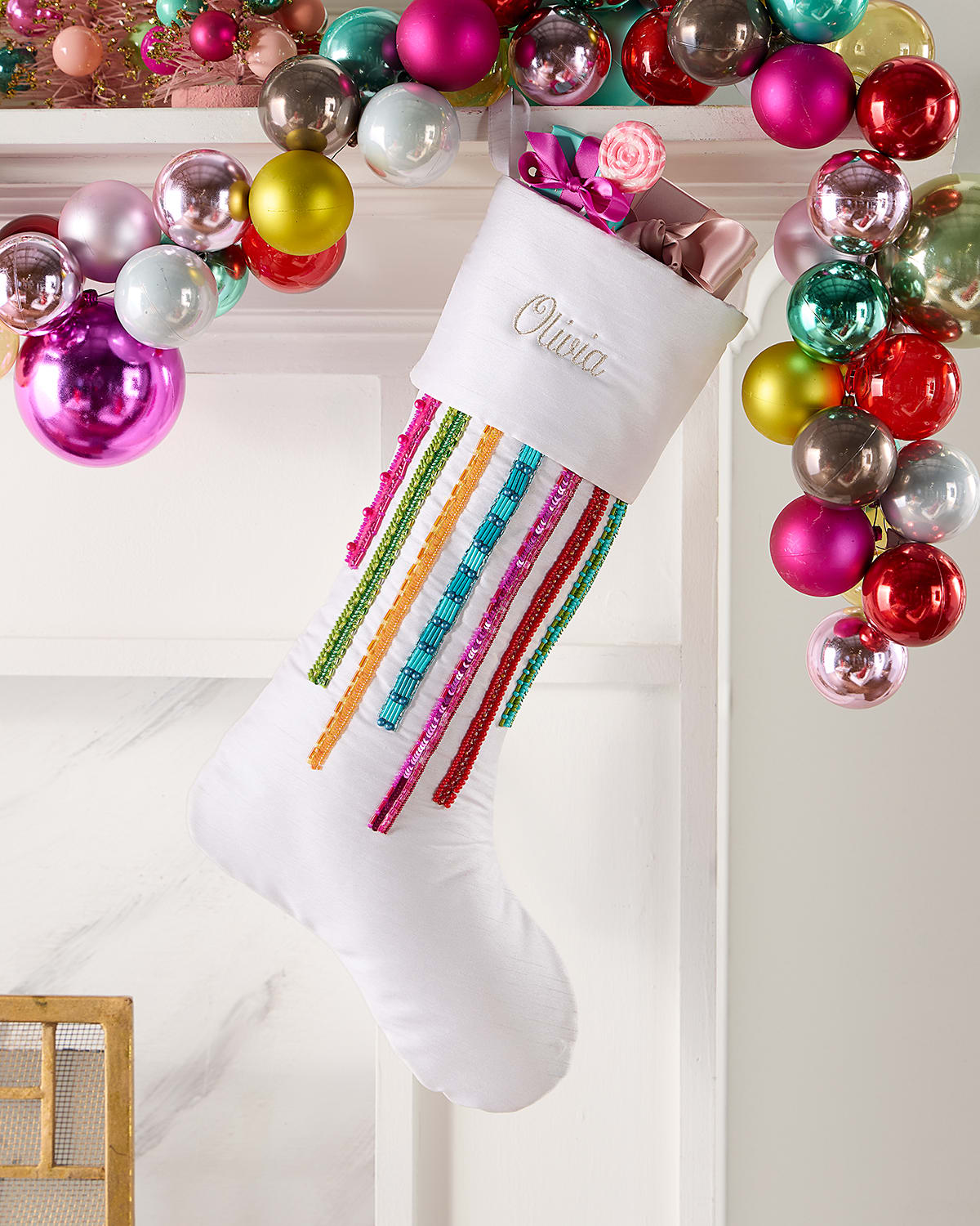 Neiman Marcus Beaded Bright Holiday Christmas Stocking, Personalized In Multi