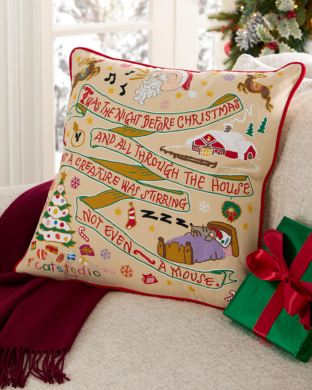 Catstudio Night Before Christmas Hand-embroidered Pillow, 20" Square In Multi