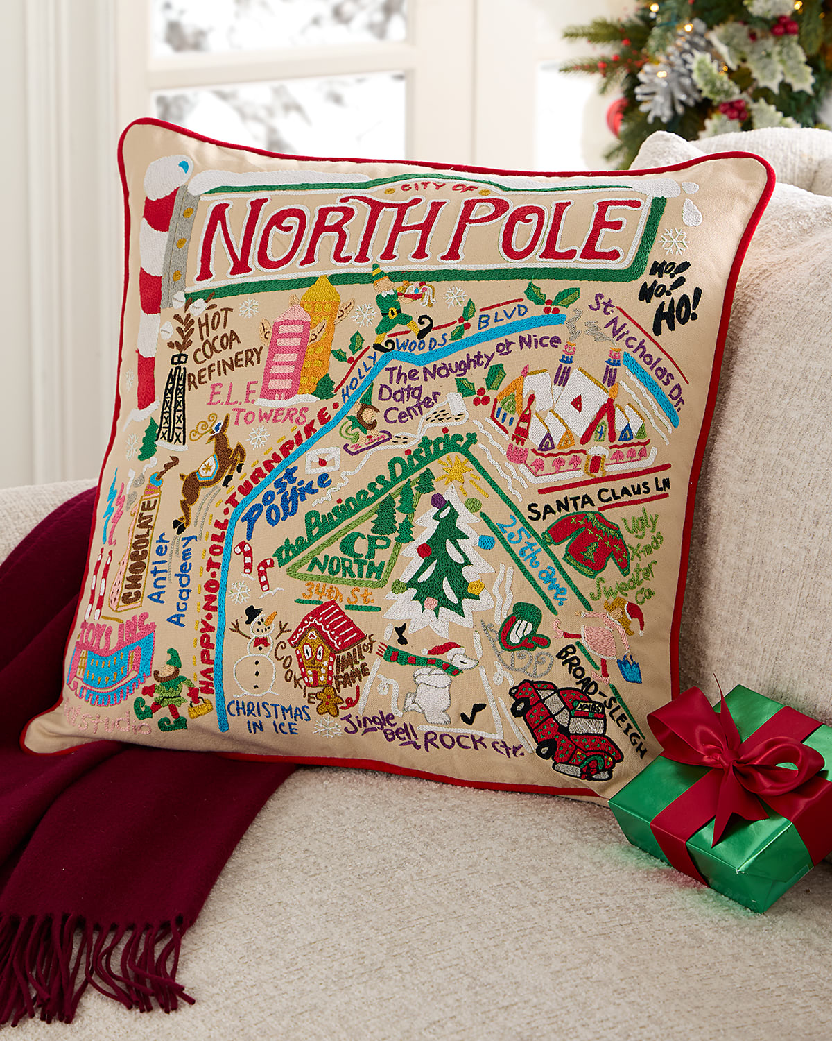 Catstudio North Pole City Hand-embroidered Pillow, 20" Square In Multi