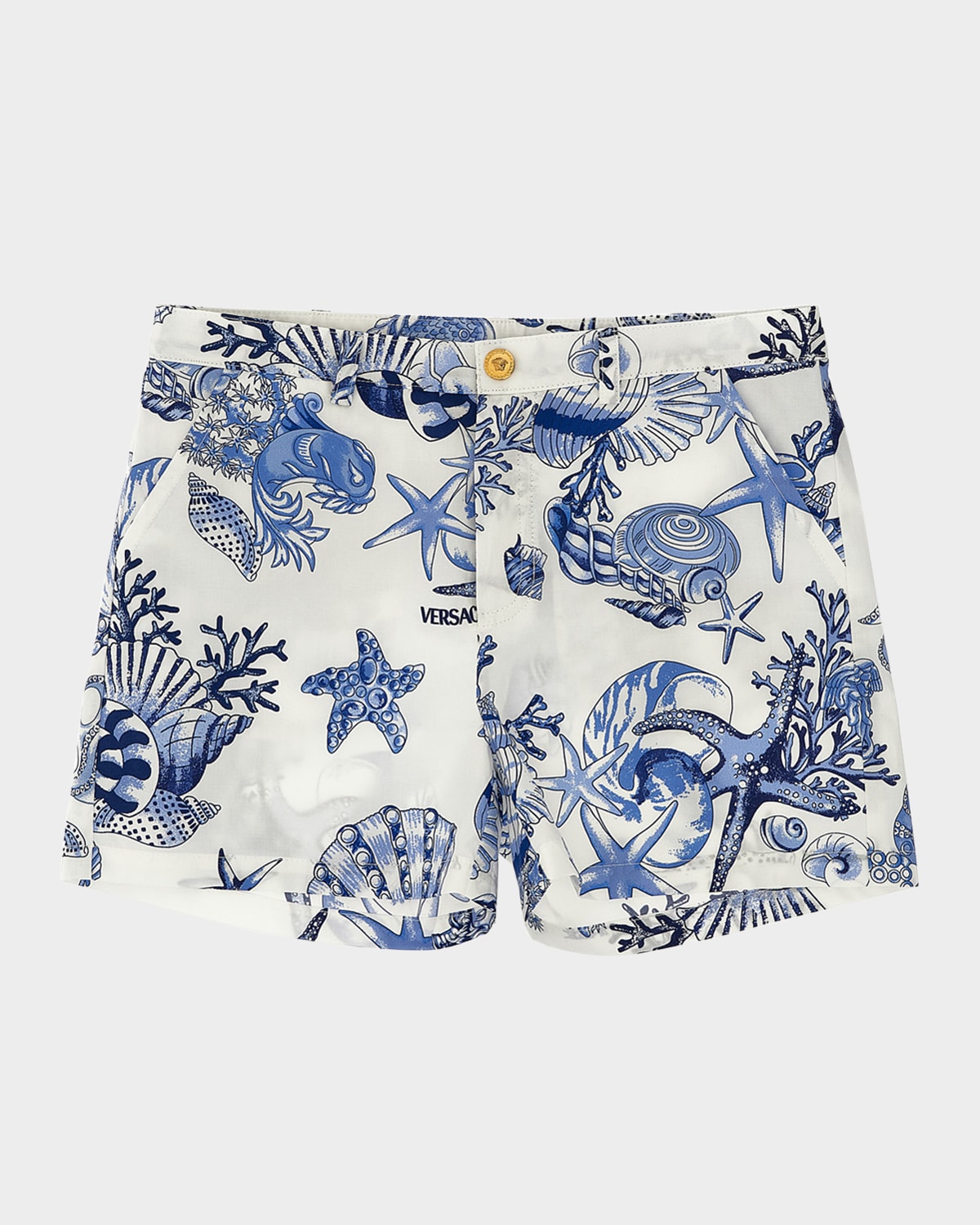 Versace Boy's Underwater Barocco Poplin Shorts In Blue