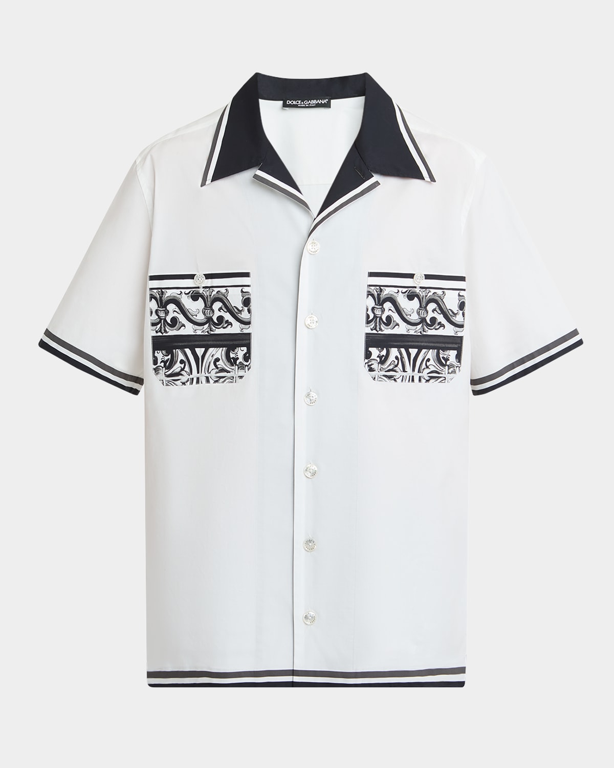 Dolce & Gabbana Short Sleeve Shirt With Contrast Collar And Graphic Print In Black