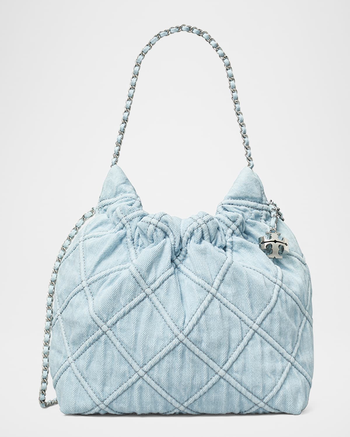 Tory Burch Fleming Mini Quilted Denim Hobo Bag In Seltzer