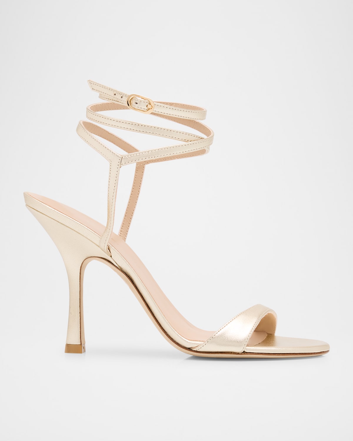 STUART WEITZMAN NUDIST METALLIC LEATHER STILETTO WRAP SANDALS 