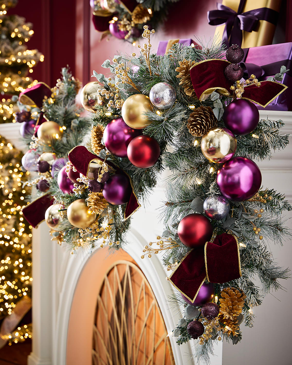 Neiman Marcus Pre-lit Plum Christmas 6' Garland In Multi