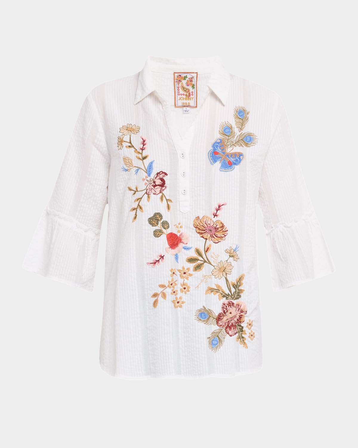 Johnny Was Florrie Embroidered Seersucker Henley Tunic