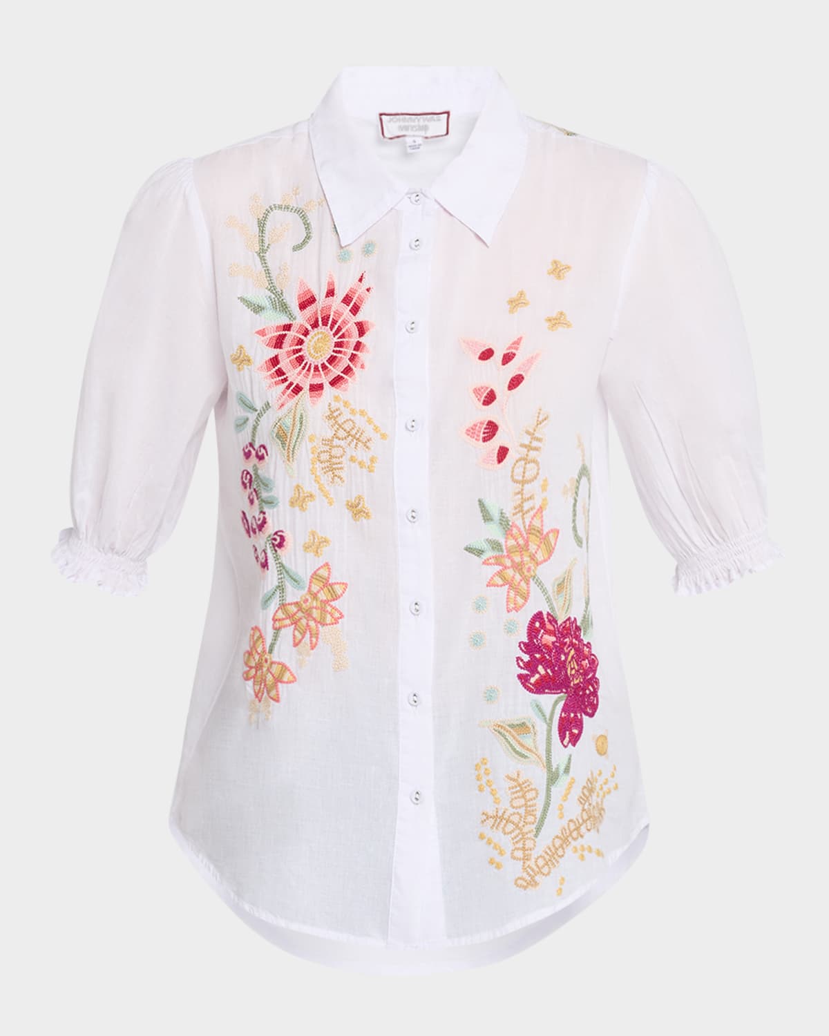 Della Floral-Embroidered Flounce Linen Dress