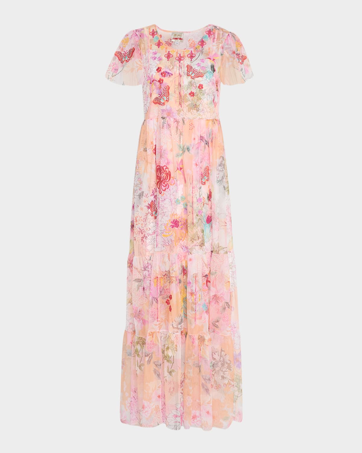 Valentina Tiered Floral-Print Tulle Maxi Dress