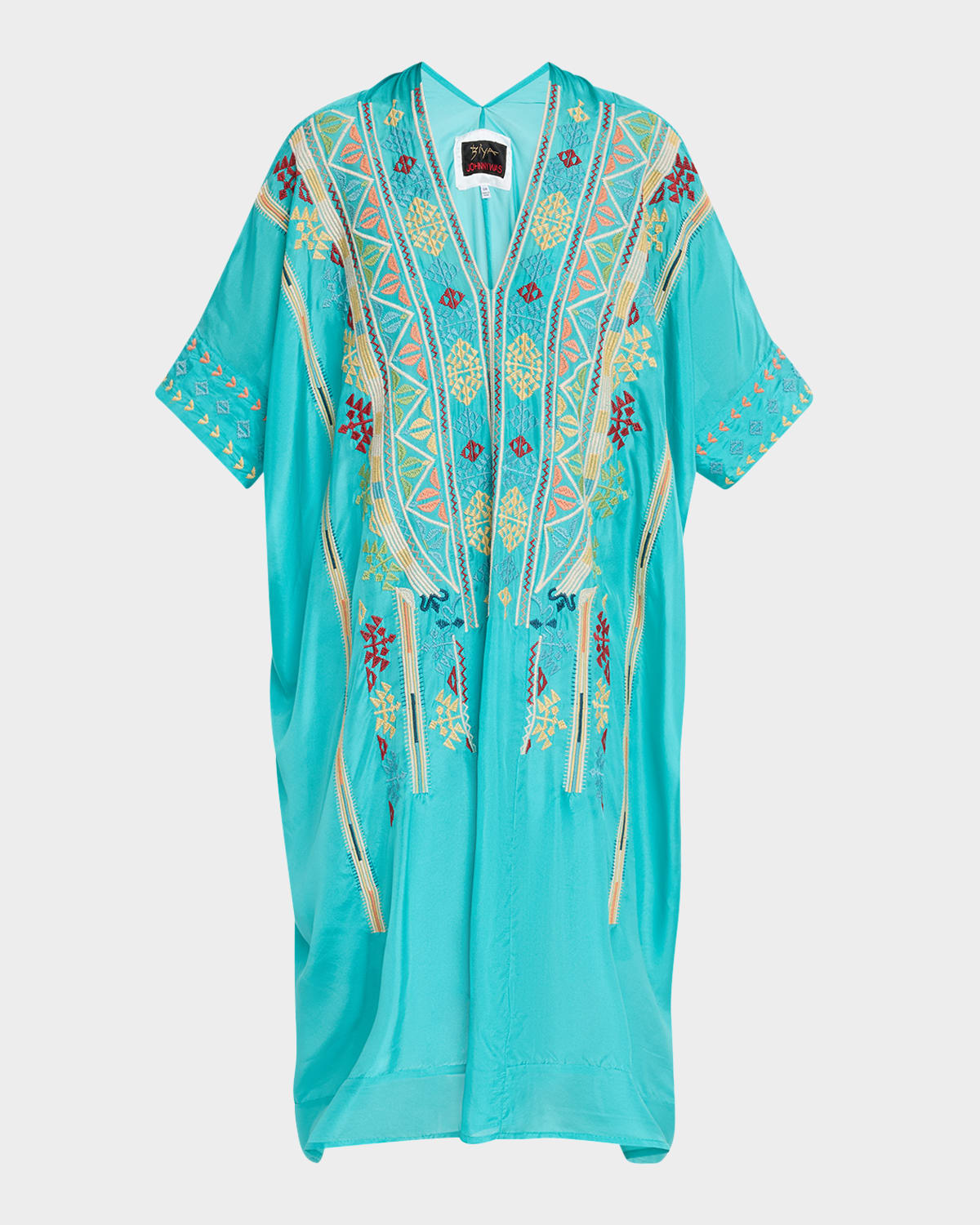 Shop Johnny Was Kendry Geometric-embroidered Silk Midi Kaftan