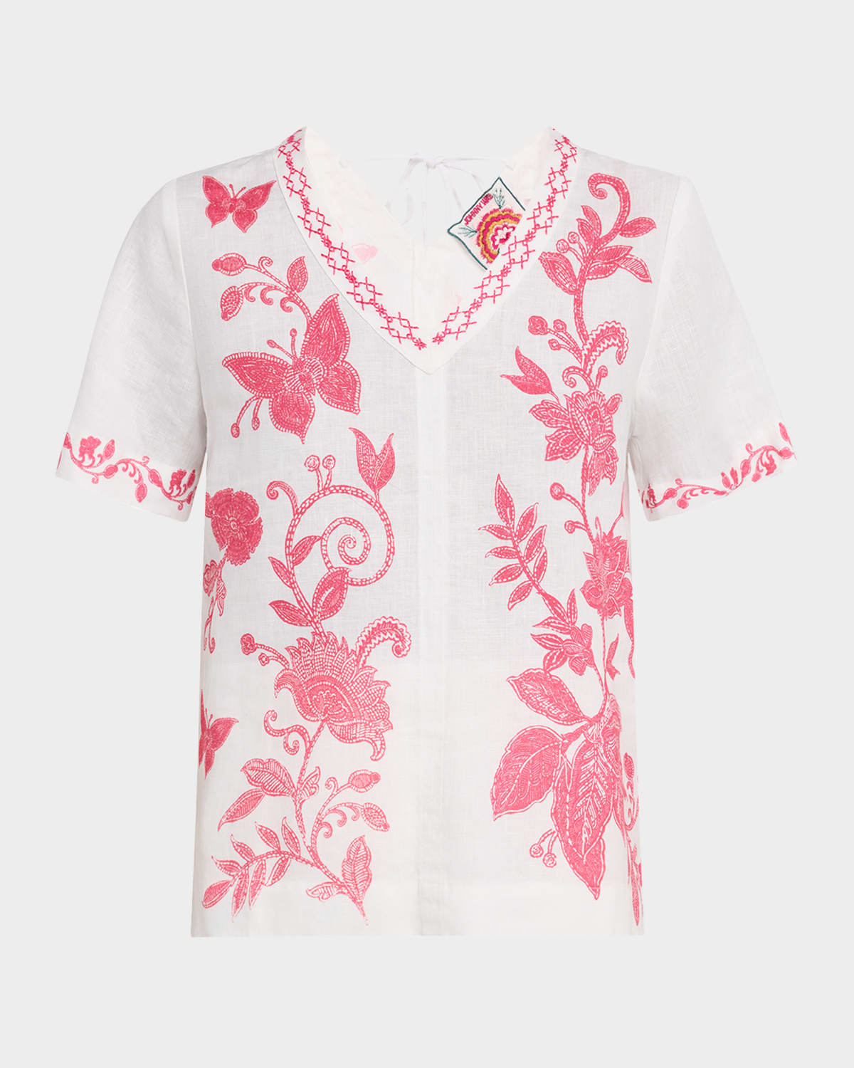 Johnny Was Embroidered Floral-print Linen Blouse