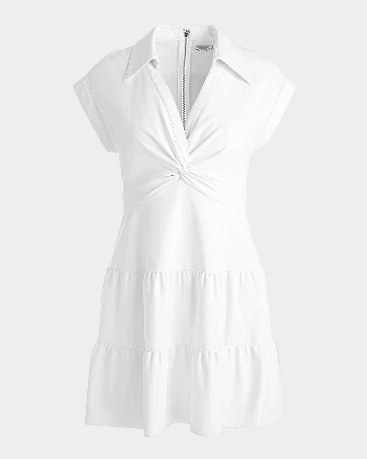 Alice And Olivia Mila Faux Leather Twist Front Cap Sleeve Dress In White