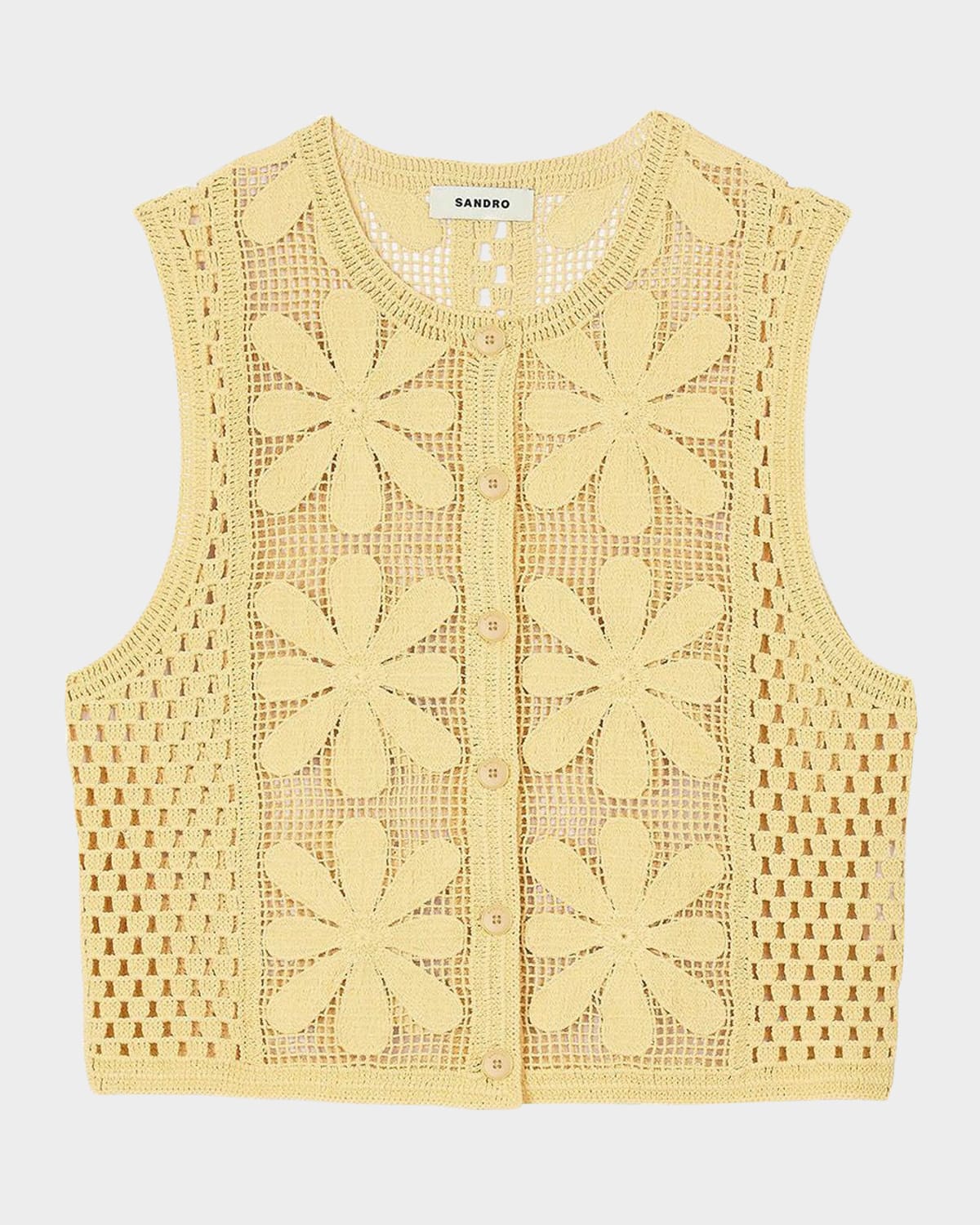 Sandro Loulou Floral Crochet Sleeveless Cardigan In Yellow