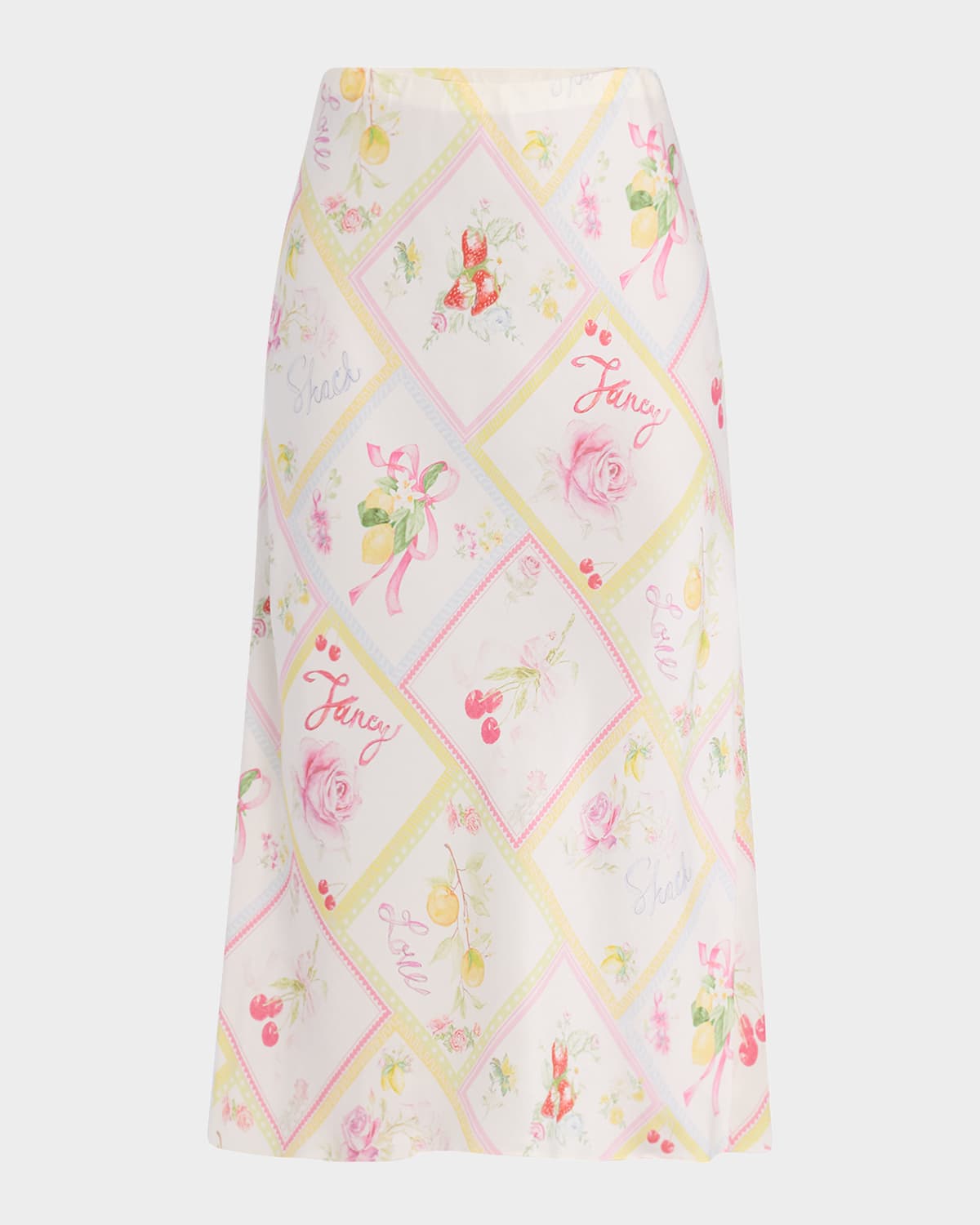LoveShackFancy Castle Silky Fruit Print Midi Skirt