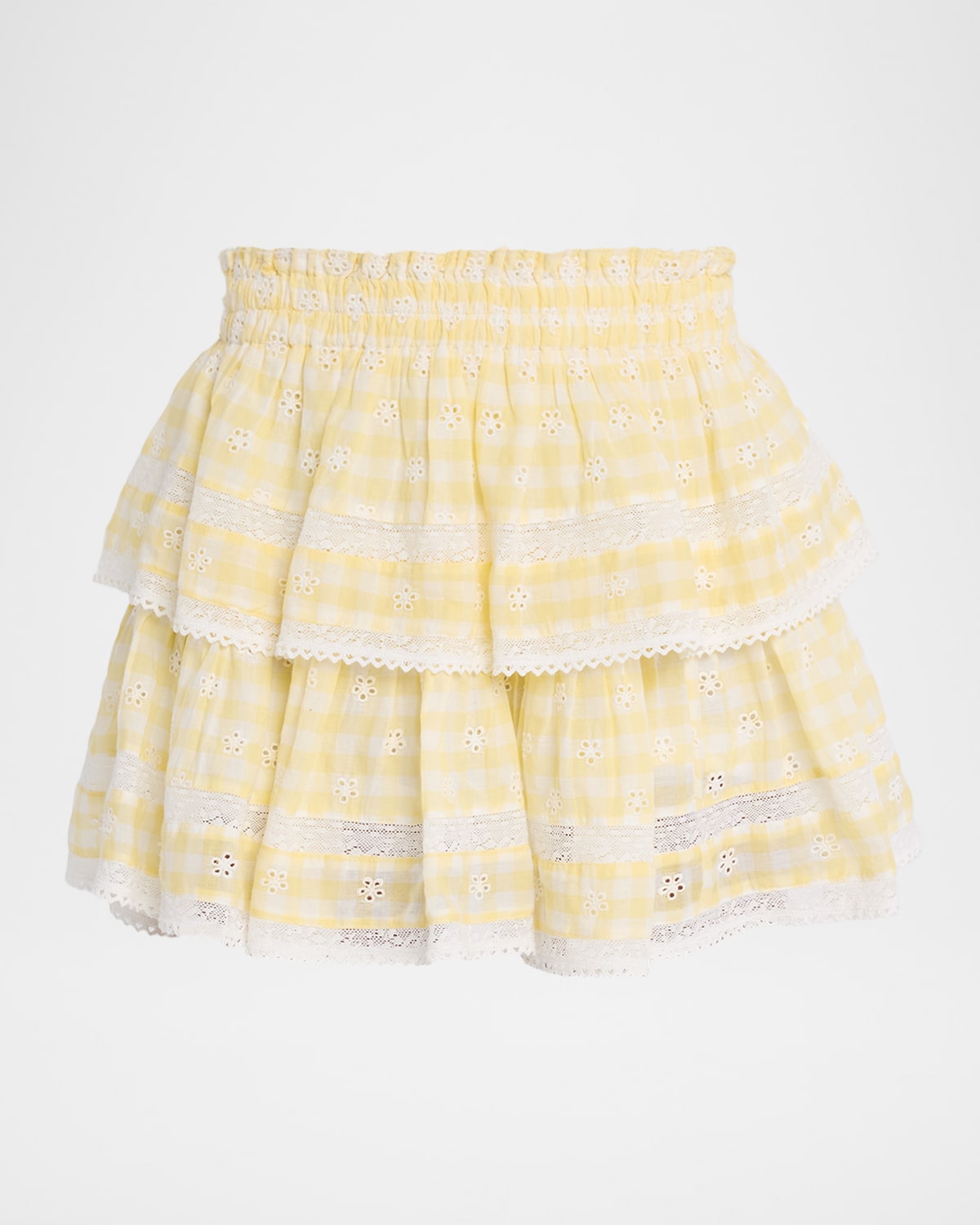 Loveshackfancy Gingham Eyelet Ruffle Mini Skirt In Yellow