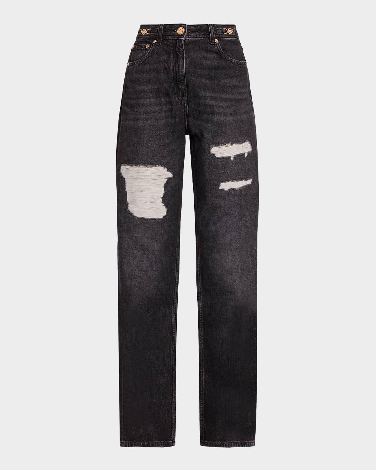 Chainmail-Insert Distressed Straight-Leg Pants