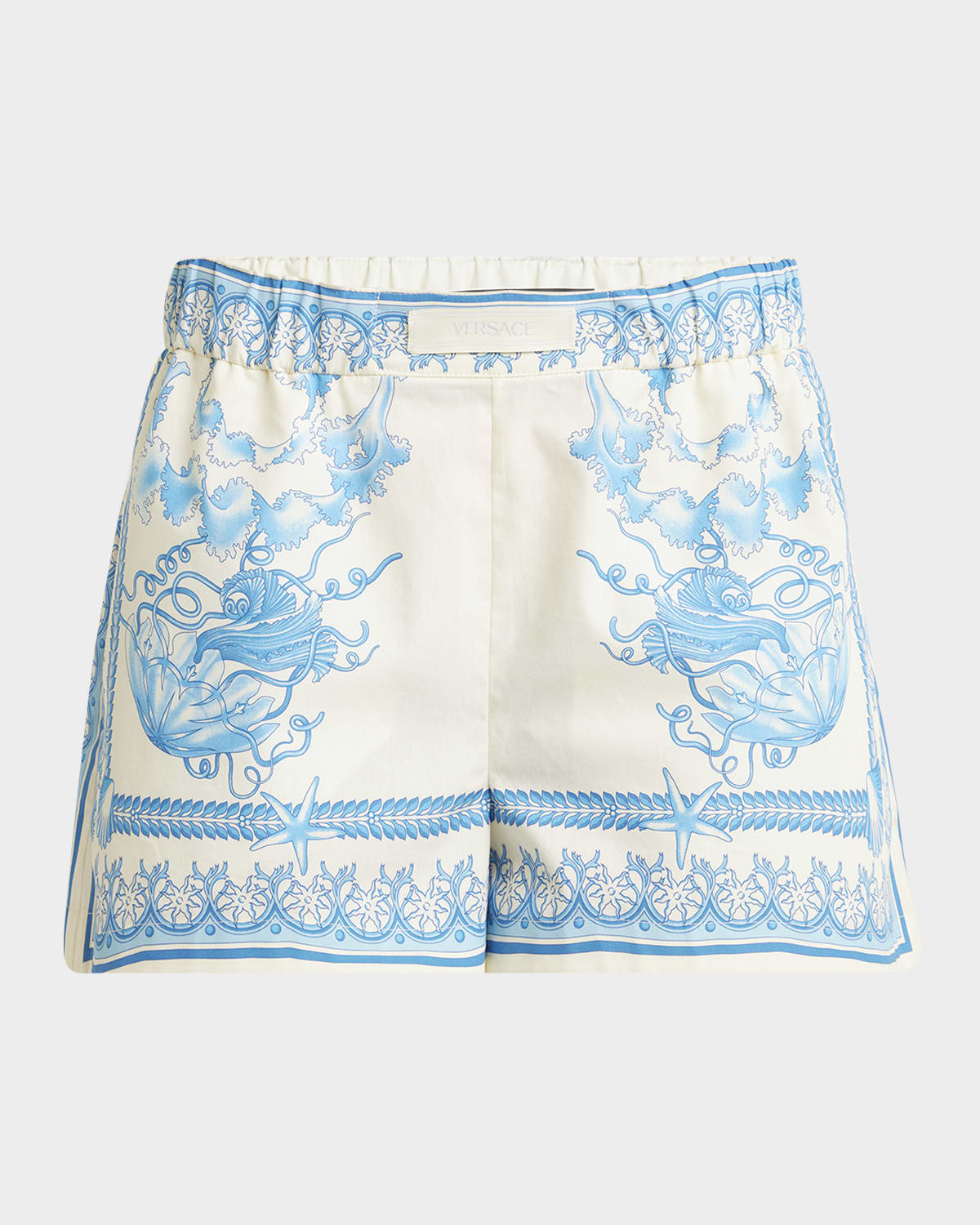Versace Underwater Barocco Bicolor Foulard Cotton Poplin Pull-on Shorts