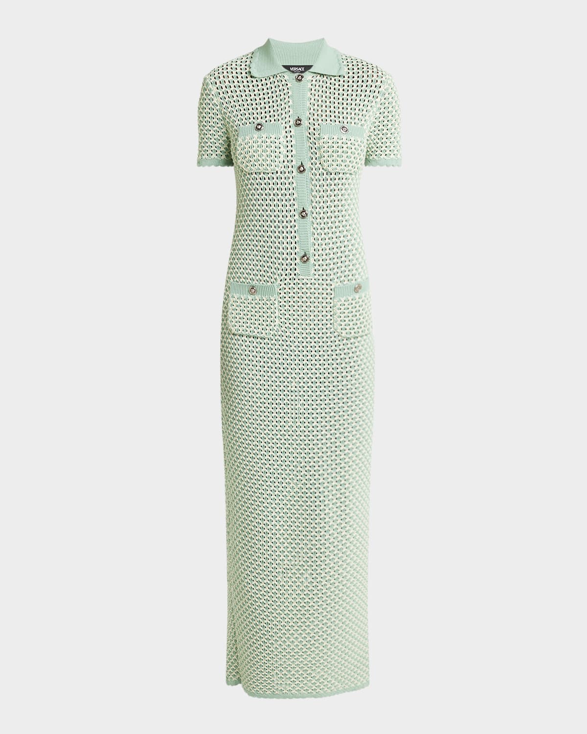 Versace 4-pocket Short-sleeve Crochet Maxi Polo Dress In Green