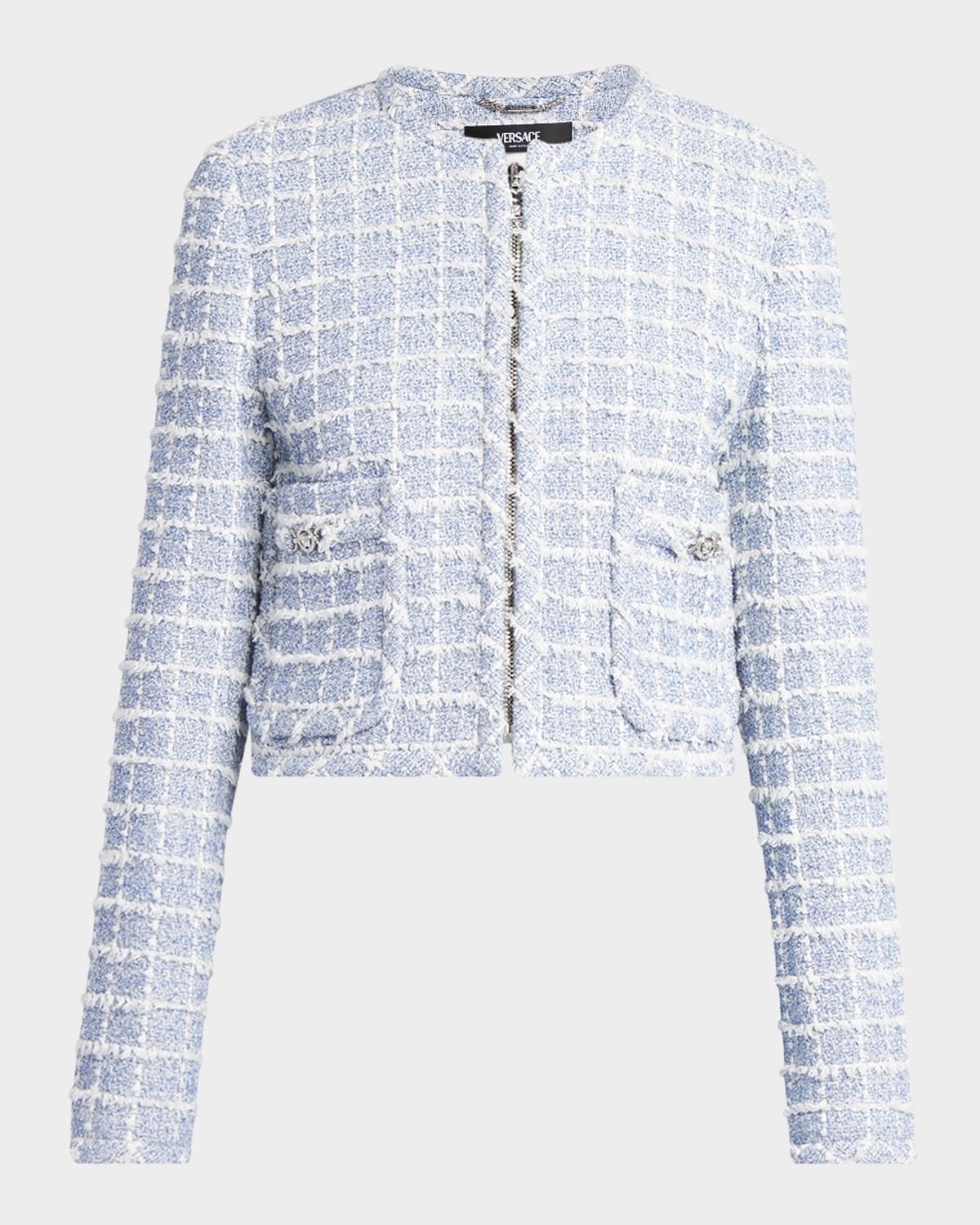 Versace Medusa Cropped Cotton-blend Tweed Jacket In Blue