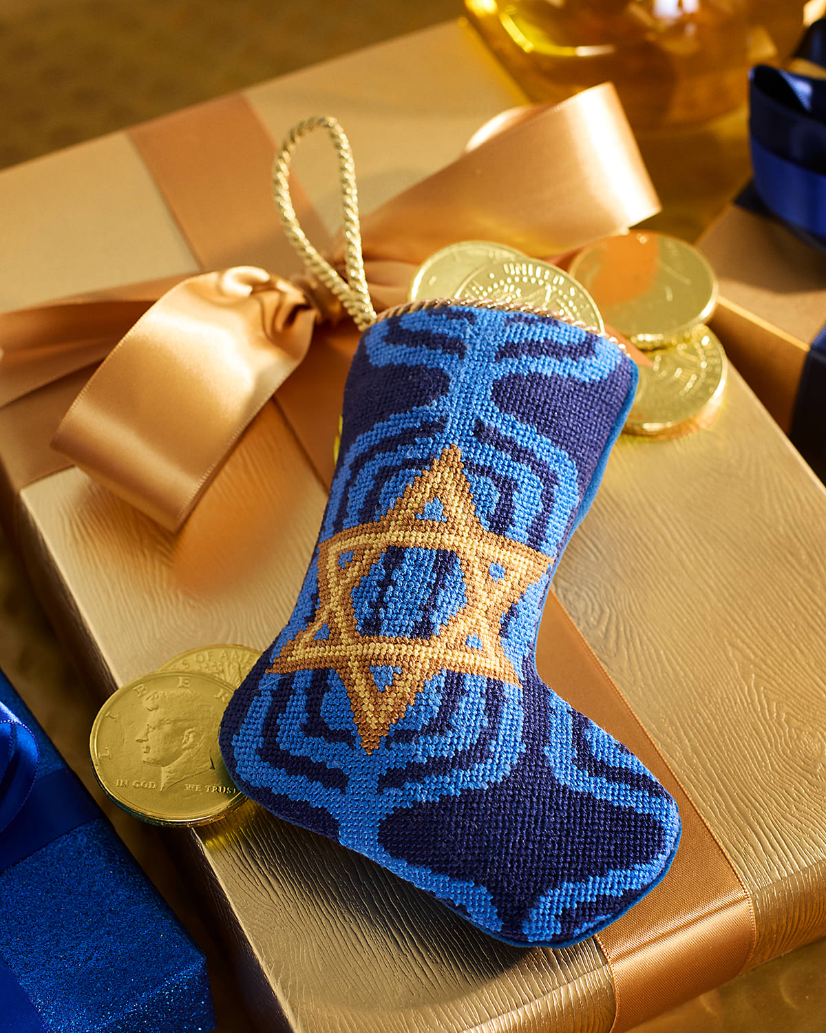 Bauble Stockings X Sainty Nelsen A Latke Like Hanukkah Mini Bauble Stocking In Blue