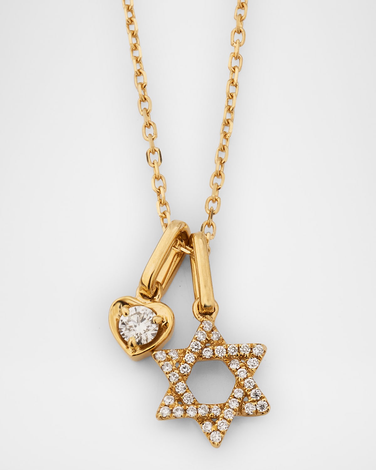 14K Yellow Gold White Diamond Happy Charm and Star of David Necklace