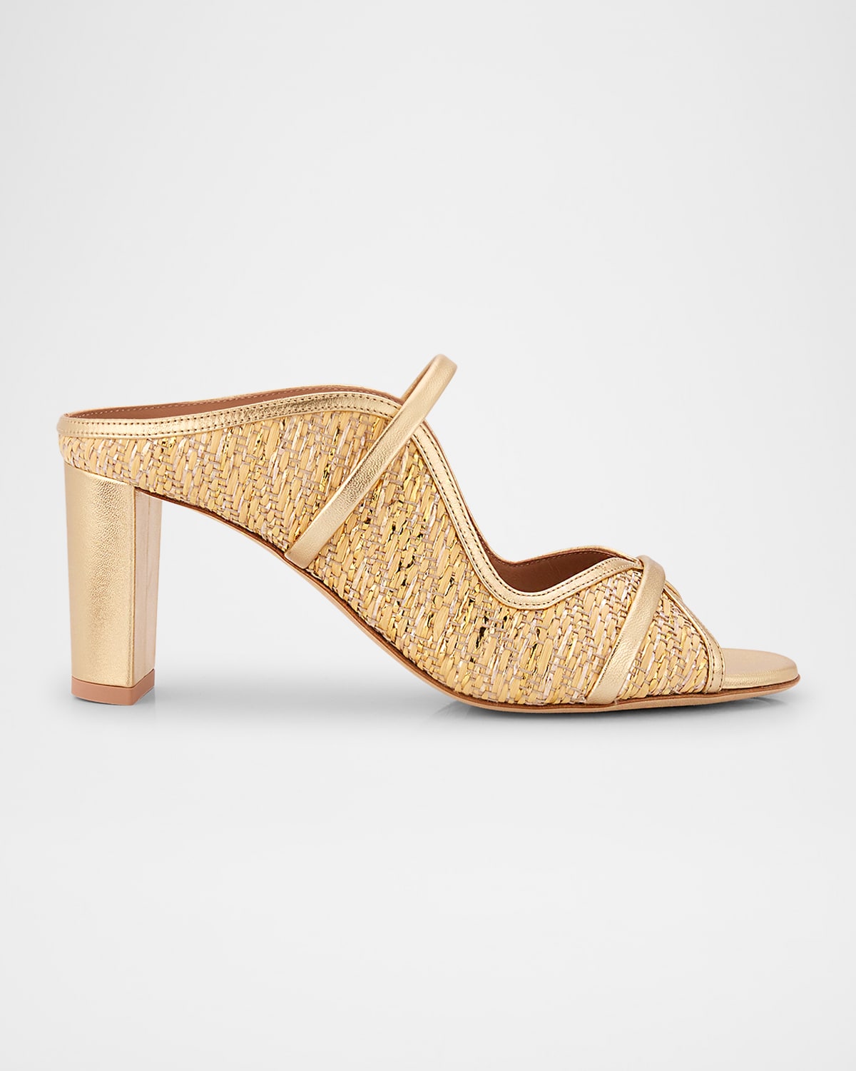 Malone Souliers Norah Metallic Nappa Leather Raffia Dual-strap Mule Sandals In Gold