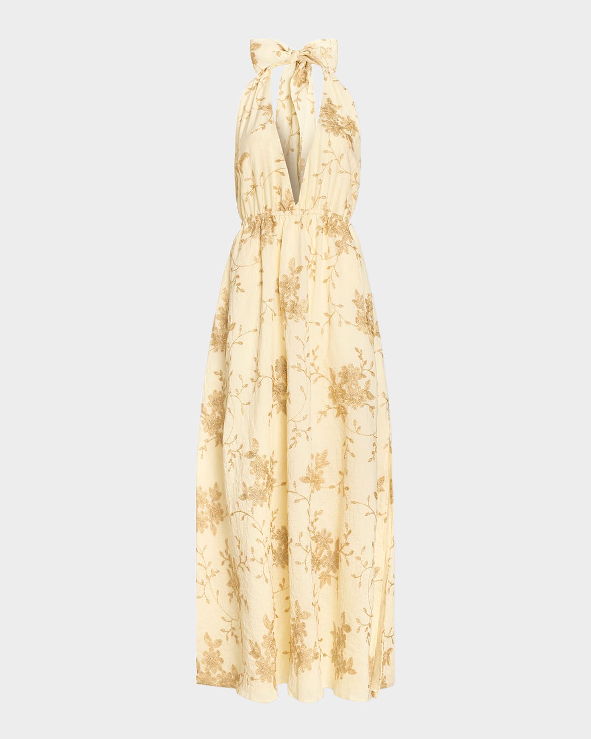 Ramy Brook Imelda Metallic Floral Plunge Halter Neck Maxi Dress In Yellow