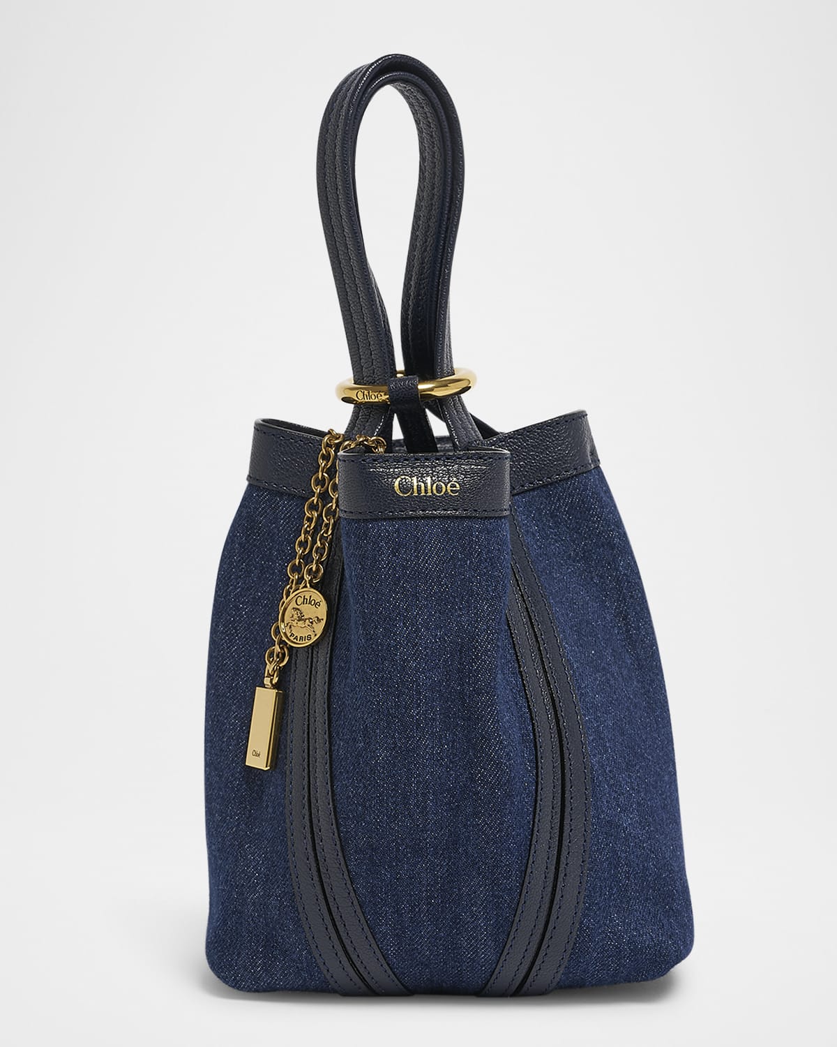 Spin Mini Bucket Tote Bag in Denim and Leather
