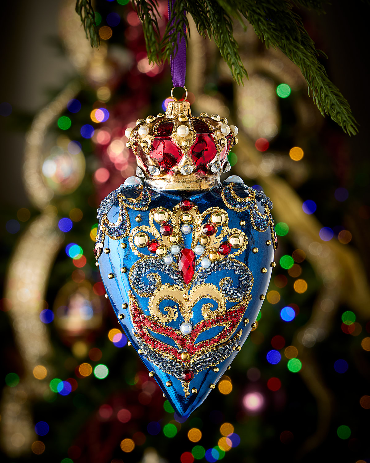 Neiman Marcus Dark Blue Heart With Red And Gold Crown Ornament