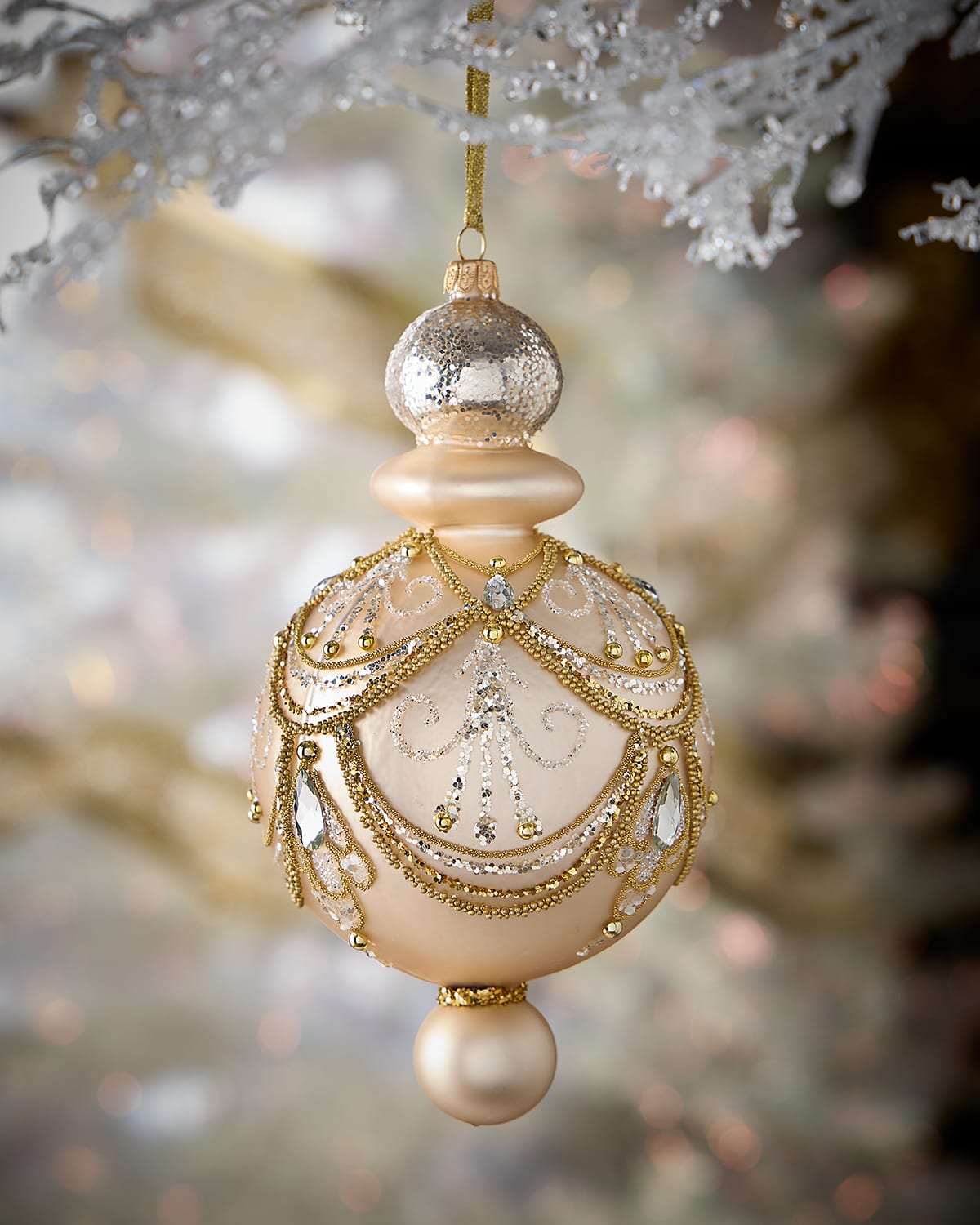Neiman Marcus Champagne With Gold Glitter Art Deco Finial Ornament