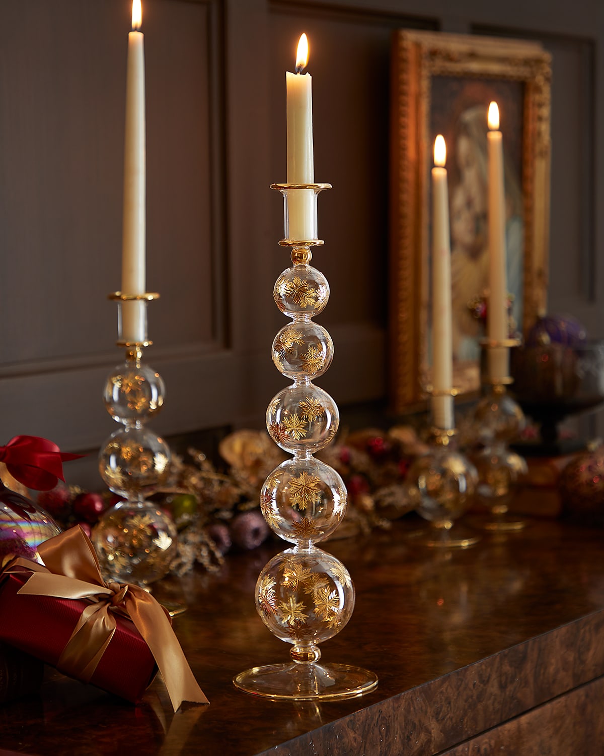 Neiman Marcus 16.4" Gold-tone Snowflakes Candle Holder