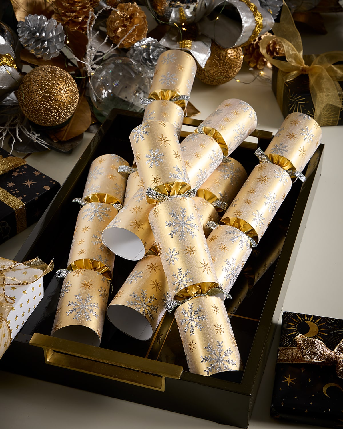 Robin Reed Golden Glitter Snowsky Christmas Crackers, Set Of 6